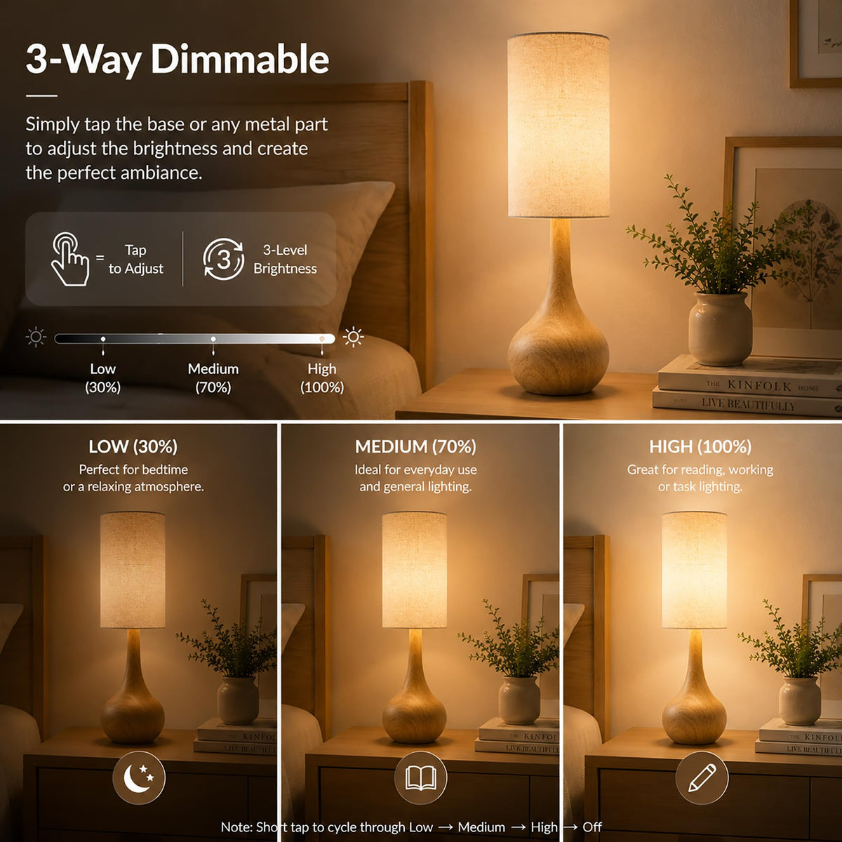 Wood Grain Touch Table Lamp for Nightstand (Wood Grain)