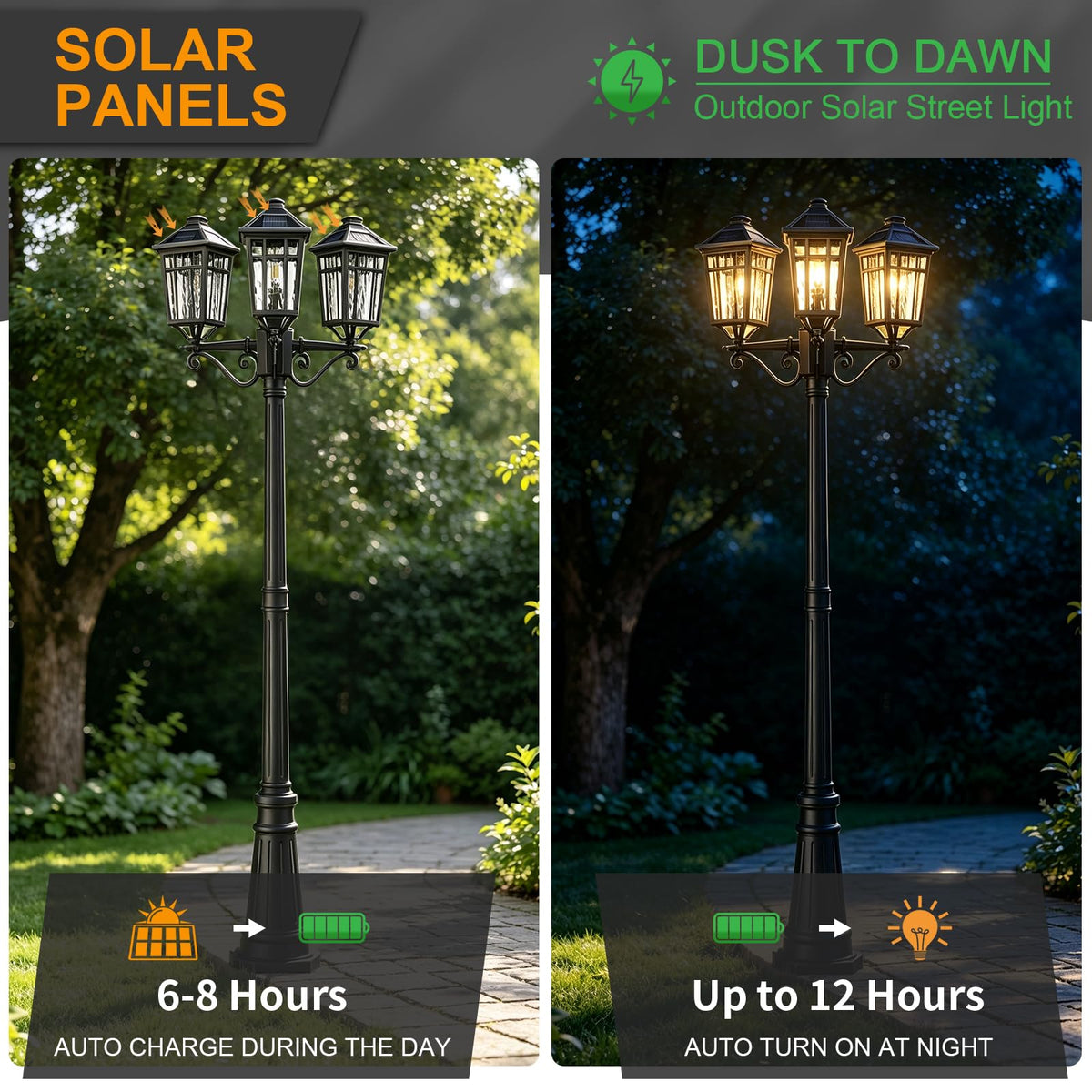 Solar Outdoor Lamp Post with 3 (Black / 3-Head-1Pack-Dusk to Dawn)