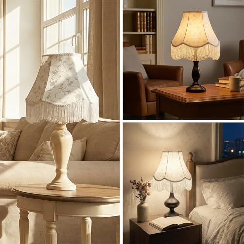 White Bell Fringe Lamp Shades Set of 2 (White Tassels — 2 Packs / Medium — 6" x 13" x 10.6")