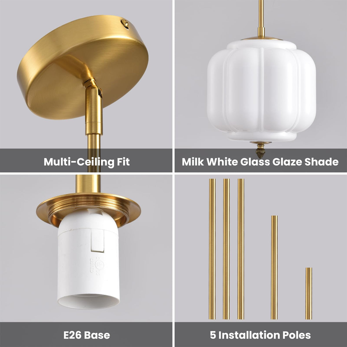 Vintage Milk Glass Pendant Lights 9.8 Inch Mid Century Modern Hanging Ceiling Light (White-1 Pack / 9.8 inch)