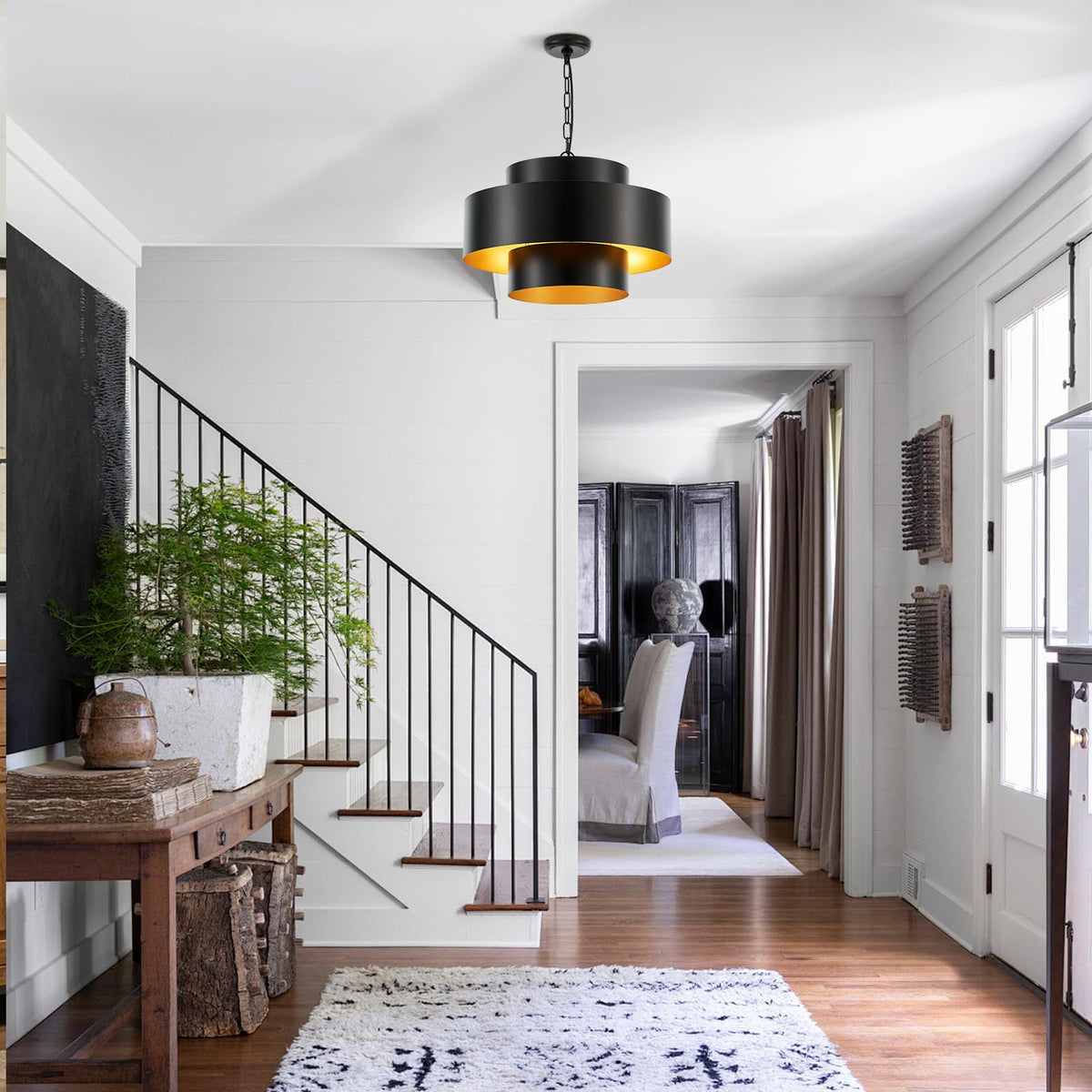 20” Matte Black Modern Chandelier 3 Round Classic Gold Metal Contemporary Industrial Pendant Light for Dining Living Room Kitchen Island (Black 2)
