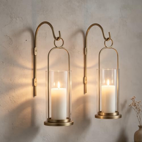 Wall Candle Sconces Hurricane Candles Holder Modern Pillar Candle Lantern (Gold)