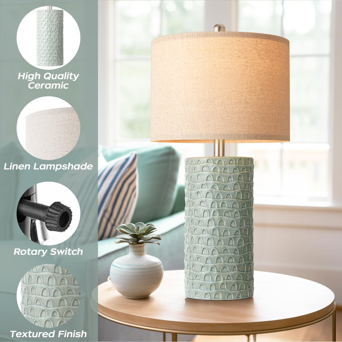 23" Modern Ceramic Table Lamp Set of 2 (Light Green)