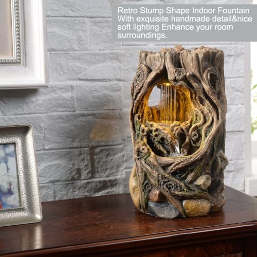 Tabletop Fountains Beautiful Stump Water Fountain Relaxation Raindrop Fountains Meditation Desk Fountain Artistic Waterfall Fountains Home (Brown Stump / 5.9"L x 5.9"W x 10"H)