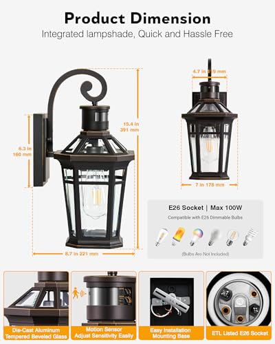 Motion Sensor Porch Lights Outdoor Wall Mount (Oil Rubbed Bronze(Gold Trim) / 1-pack)