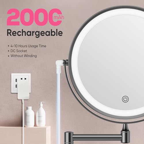 8" Rechargeable Wall Mounted Makeup Mirror with Lights (Black C)