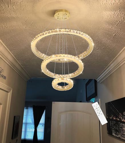 Modern Crystal Chandelier Dimmable LED Ceiling Light Fixture 3 Ring Adjustable Stainless Steel Chandeliers for Dining Room Living Room Bedroom Gold (Gold / 3-Ring 24")