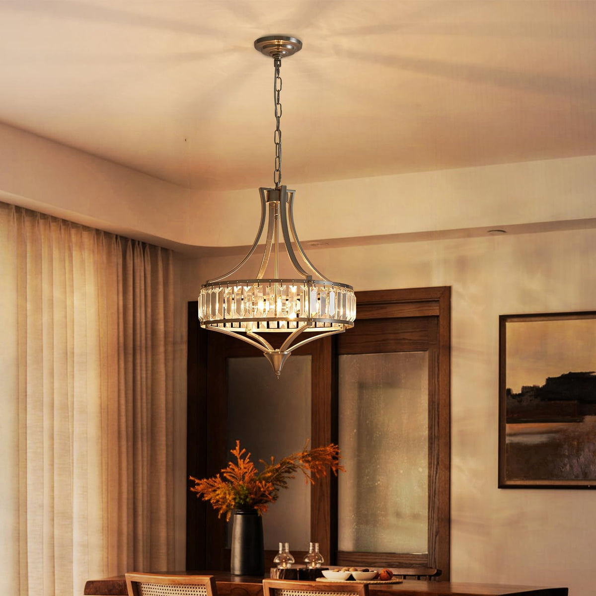 Crystal Chandeliers for Dining Room 15.7" Round Rustic Farmhouse Hanging Pendant Lighting Fixture Modern Brushed Nickel Chandelier Metal Shade 4 (15.7”-Brushed Nickel)