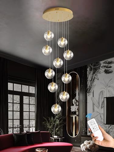 10 Light LED Staircase Modern Glass Globe Pendant Light Gold Chandeliers Large Chandeliers for High Ceilings (Gold-Clear / Globe 10-Light)