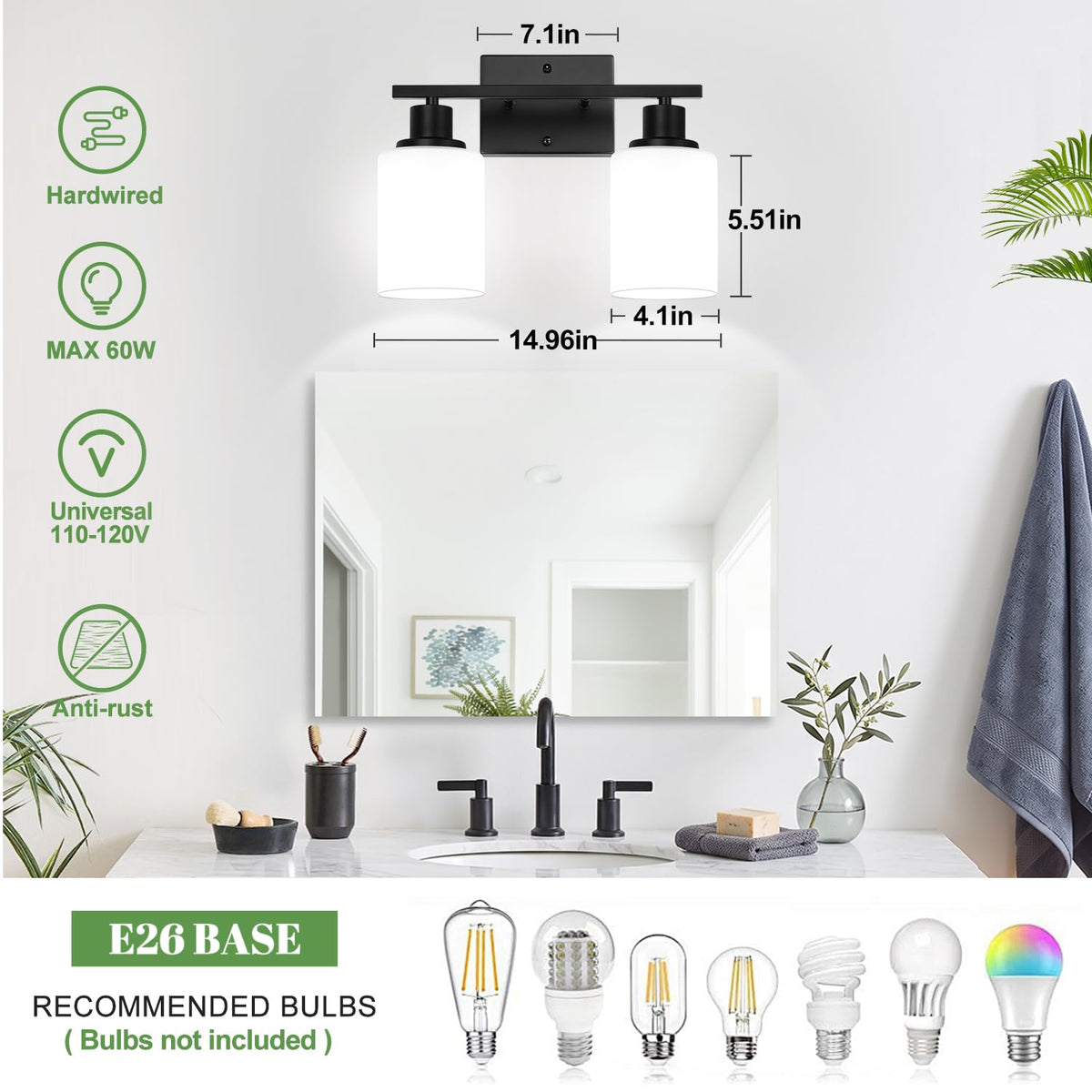 2 Light Bathroom Light Fixtures (Matte Black / 2-Light)
