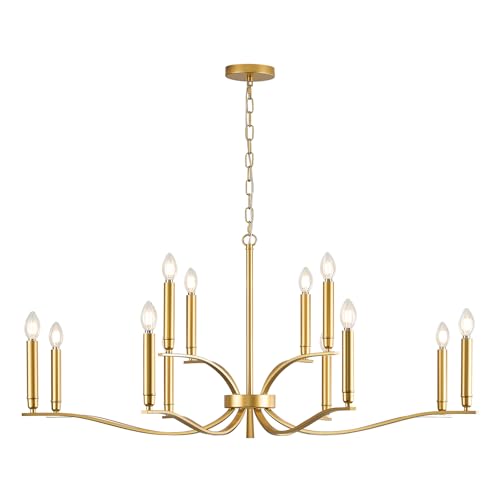 12 Light Gold Living Room Chandelier High Ceiling Foyer Candle Chandelier Large Modern Brass 44in Metal Chandeliers Hanging Light for Master Bedroom Dining Room Light Fixture Over Table (Gold / 44 inch)