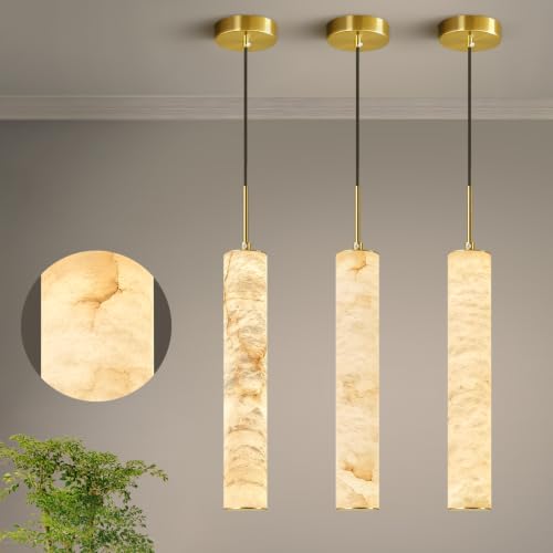 Natural Alabaster Pendant Lights for Kitchen Island White Marble Long Tube Chandelier 4000K Modern Gold Ceiling Light Fixtures for Bedroom Dining Room Table Living Room Hallway (Gold-NeutralLight /...