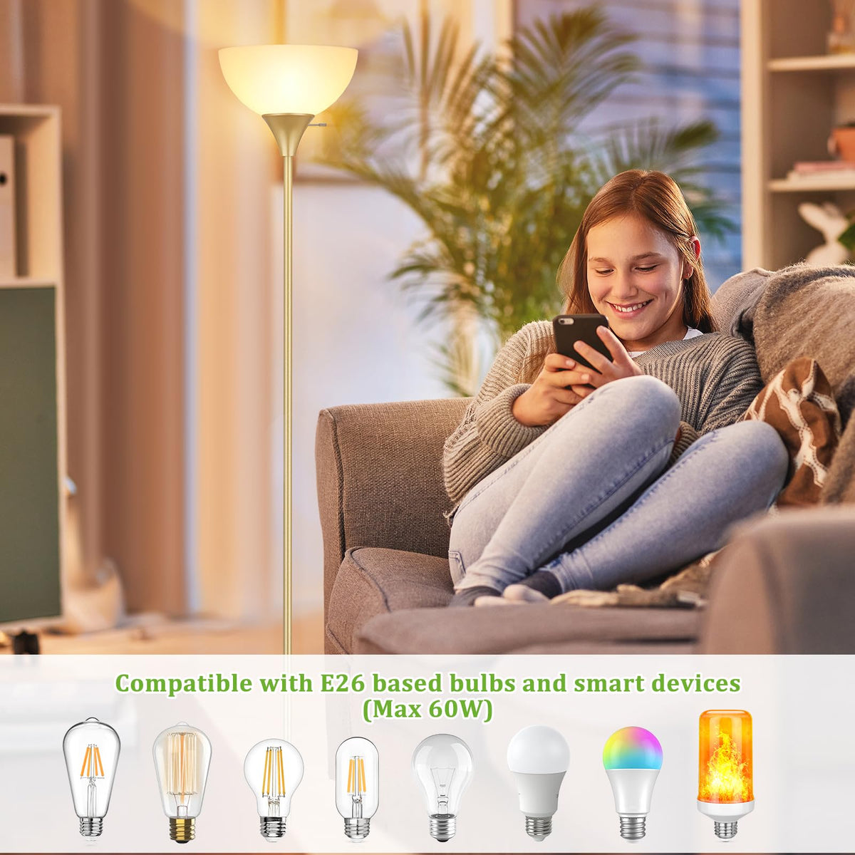 Floor Lamp LED Standing Lamps with White Plastic Shade (Gold)