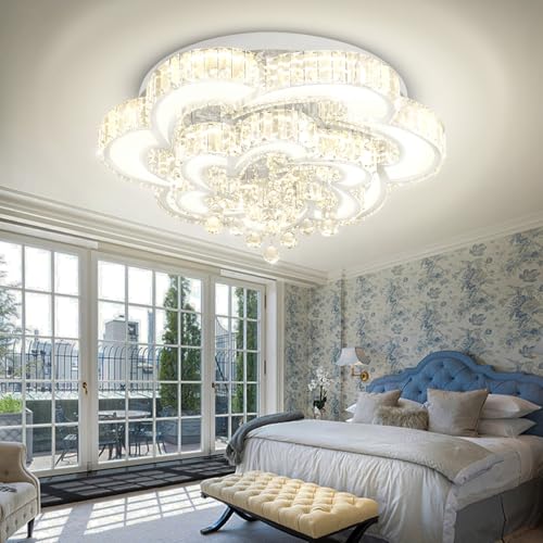 Dia 24'' Crystal Chandeliers Modern Chandelier for Living Room LED Dimmable Pendant Light Fixture with Remote Flush Mount Ceiling Lights for Bedroom Entryway Hallway Silver (Silver / Dia 24")