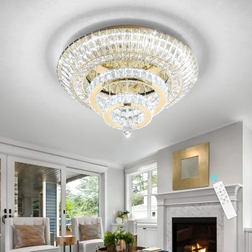 Gold Crystal Chandelier for Dining Room Modern Ceiling Light Fixture 45W Dimmable LED Chandeliers for Living Room Bedroom (Gold / W24"-Ring)
