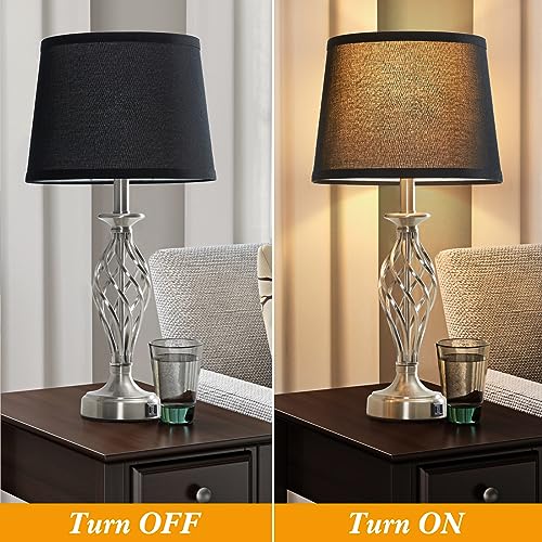 Table Lamp for Bedroom Set of 2 with USB C+A Ports (Silver Base + Black Lampshade)