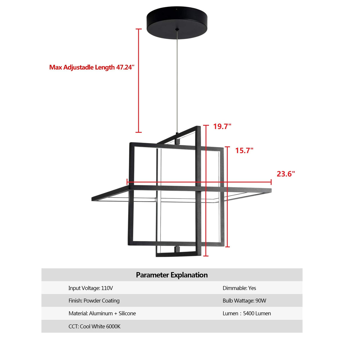 Modern Black LED Square Hanging Pendant Chandelier (Black / 3 Rings)