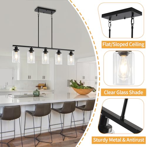 37'' Island Lights for Kitchen Black Linear Chandelier Dining Room Light (5-Light Clear Black)
