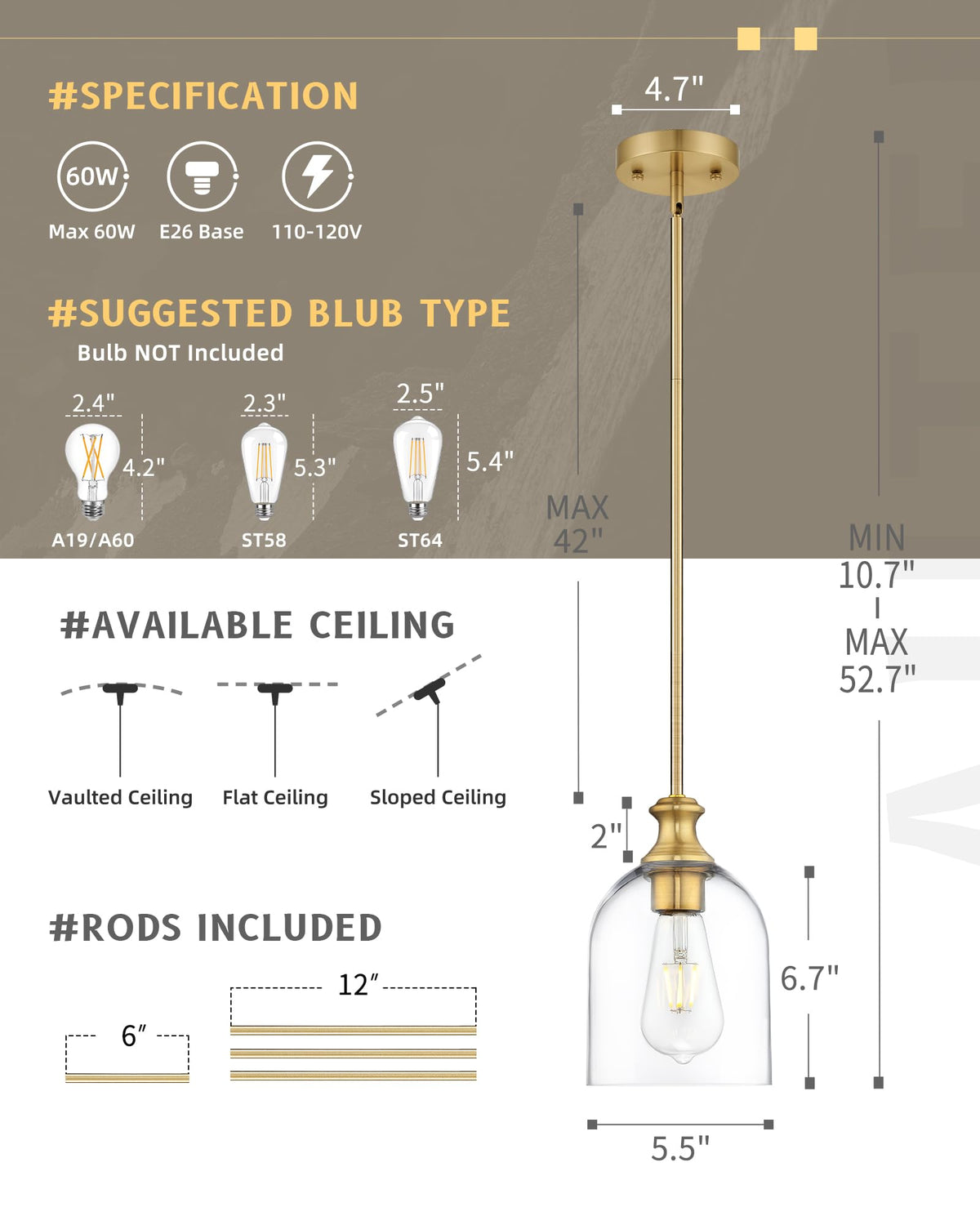 Modern Gold Pendant Lights Kitchen Island Cylinder Glass (1 Pack-Brushed Gold+Clear Glass(Easy to install))