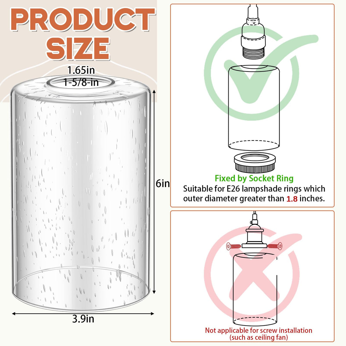 3 Pcs Clear Bubble Seeded Glass Lamp Shade 1 (Clear / Bubble Seeded)