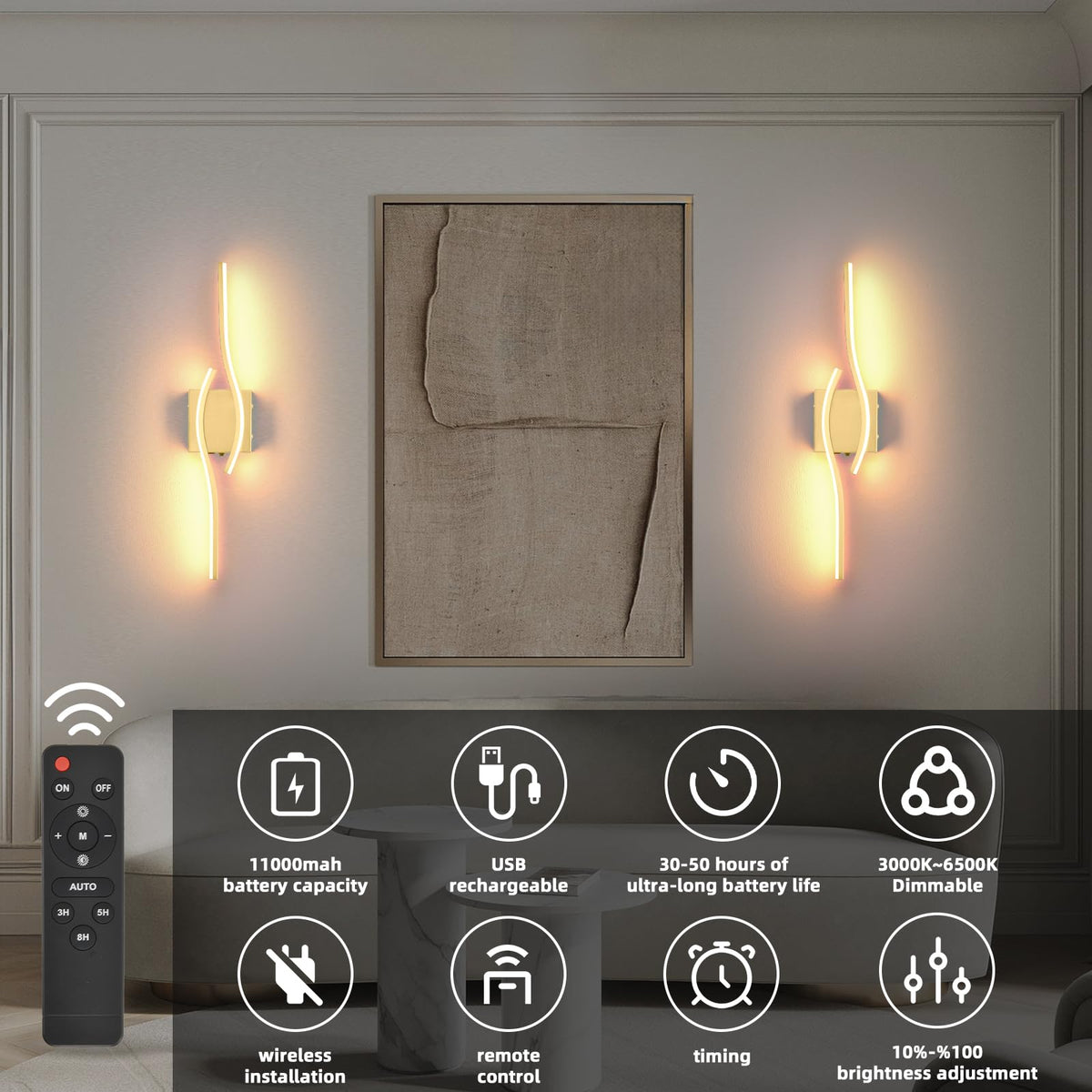 Battery Powered Wall Sconces Set of 2 (Gold / 23.6 inch)