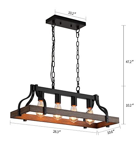 Rustic Kitchen Island Dining Room Light Fixture Farmhouse Linear Chandelier Black and Retro Wood Finish 4 (4-Light retro wood)
