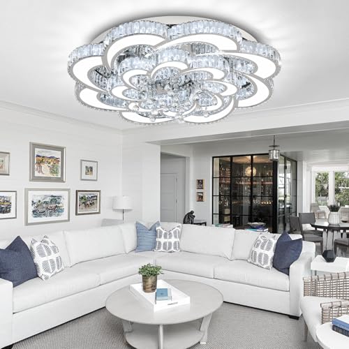 Dia 32'' Modern K9 Crystal Chandelier Flush Mount Ceiling Light Fixture Dimmable LED Chandelier for Living Room Dinning Room Bedroom (Silver / Dia 32'')