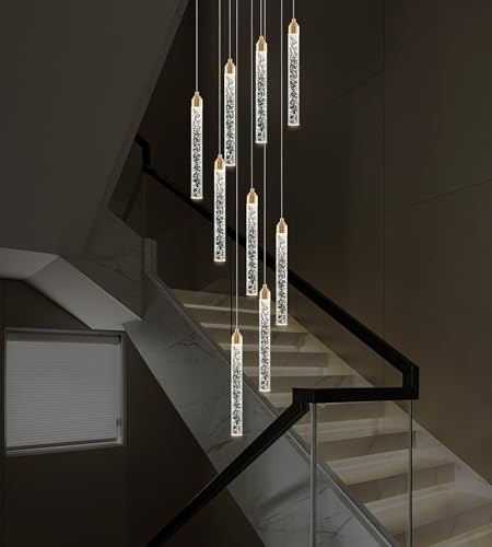 High Ceiling Crystal Staircase Chandelier Pendant Lights Modern Spiral Raindrop Dimmable LED Bubble Cluster Ceiling Hanging Lighting Fixture for Foyer Living Room Remote Control