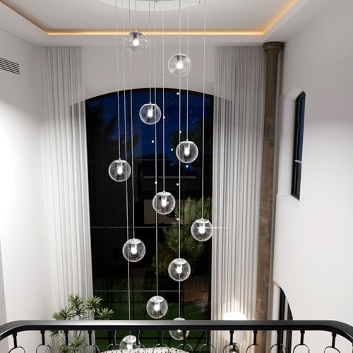 H138 LED Staircase Chandelier 15 (Silver-Clear / Globe 15-Light)
