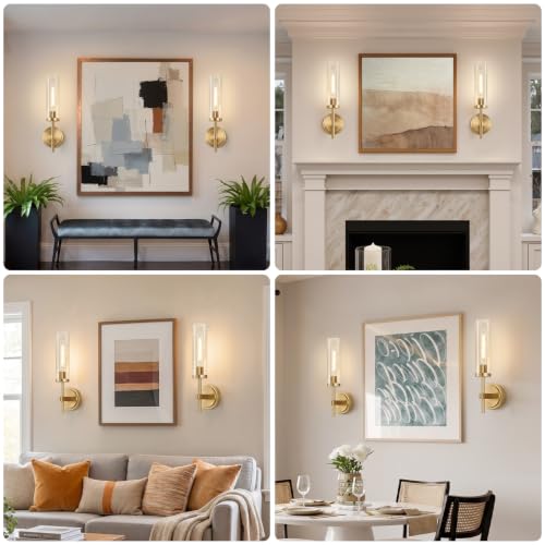 Battery Operated Wall Sconce Set of 2 (Brushed Gold-Battery Operated / 15.5inches(2pcs)-Battery)