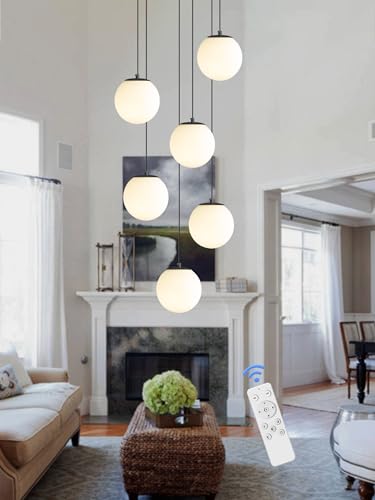 6 Light Black Chandelier with White Globe Glass Dimmable Ceiling Light Glass Pendant Light for Kitchen Island (Black-White / Globe 6-Light)