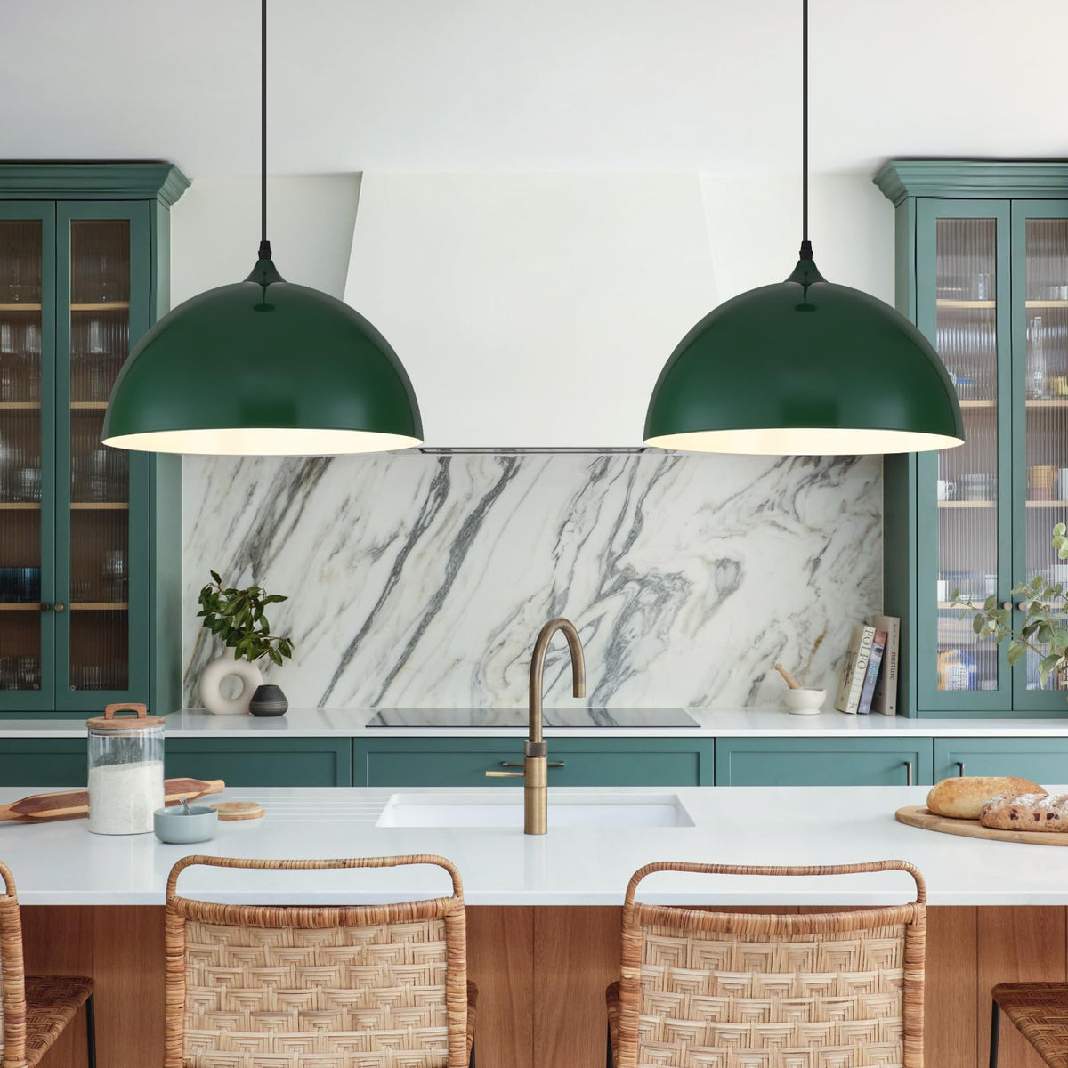 Green Pendant Lights Kitchen Island 2 Pack (Green+White / 14"x2)