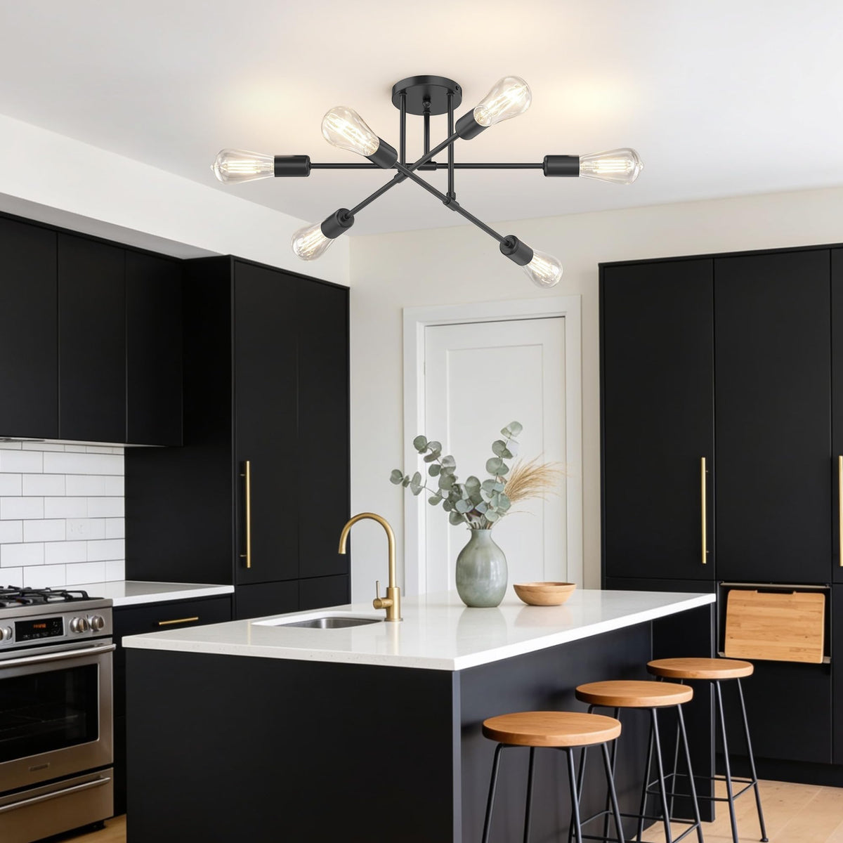 22" Modern Sputnik Chandelier (Matte Black / 6-Light)