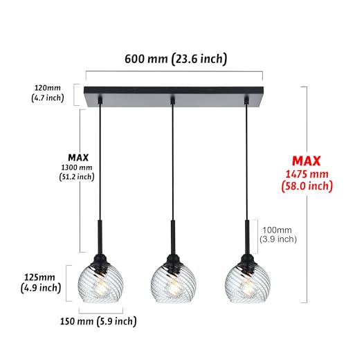 3 Light Linear Island Lights with Striped Swirl Globe Glass (Transparent / 3-Light-Straight Bar)