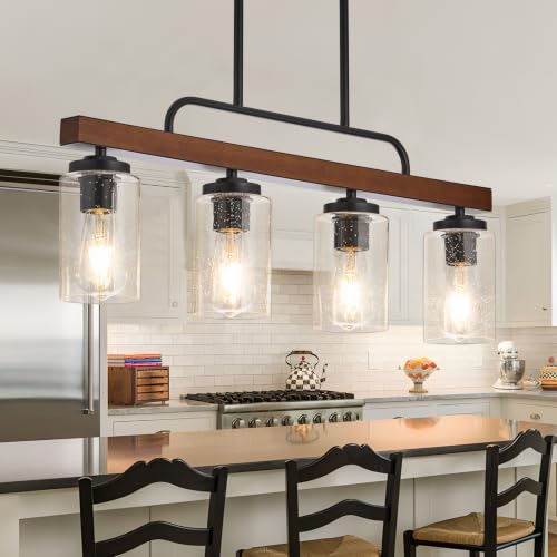 4 Light Wood Kitchen Island Lighting (Seeded Glass / 4-Light)