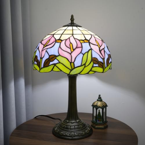 Tiffany Lamp Cute Pink Calla Lily Flower Stained Glass Lamp Vintage Style Living Room Night Light Home Decor Office Christmas Bedside Nightstand Lamps for Bedroom Decorative Accent S Gift Desk Lamp 12 (Calla Lily Lamp)