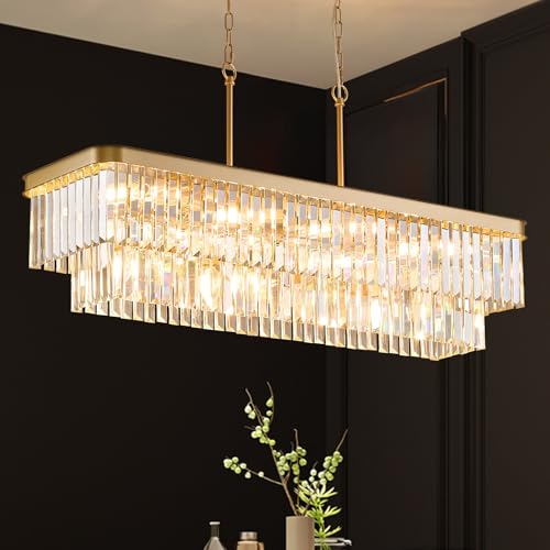 Gold Crystal Chandeliers 12 Lights 40" Rectangle Chandelier (Gold / Long-39.4”)
