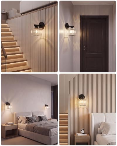 Hardwired Wall Sconces Set of Two with Crystal Lampshade (Black-A)