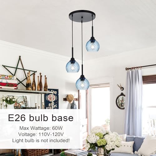3 Light Pendant Lighting with Striped Swirl Globe Glass Blue Cluster Pendant Light for Kitchen Island (Blue / 3-Light-Round Cluster)