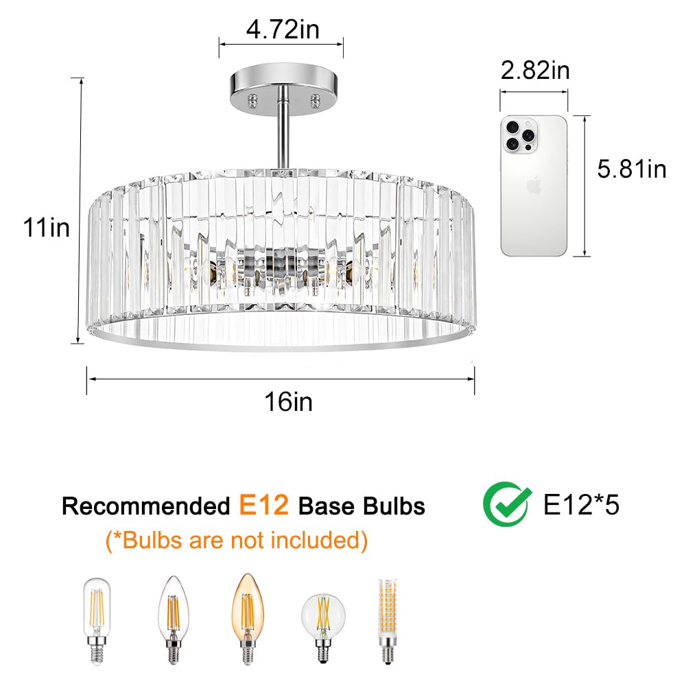 Modern Crystal Ceiling Light Fixture (16in - 5 light / Chrome)
