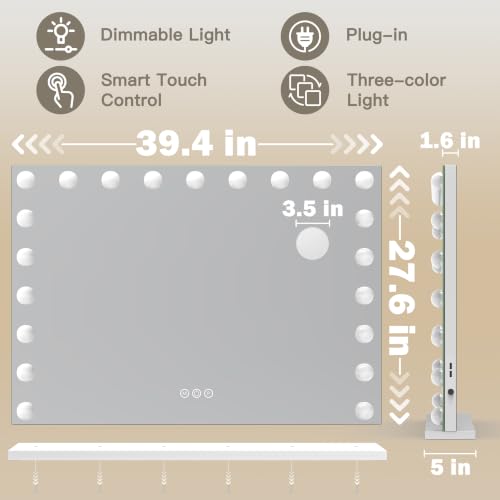 39.4" x 27.6" Extra Large Hollywood Vanity Mirror with Lights (White / 39.4"L x 27.6"W)