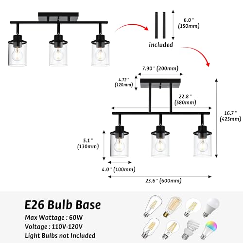 Track Lighting Fixtures 3 Light Ceiling Lights with Adjustable Track Heads (Black / 3-Light)