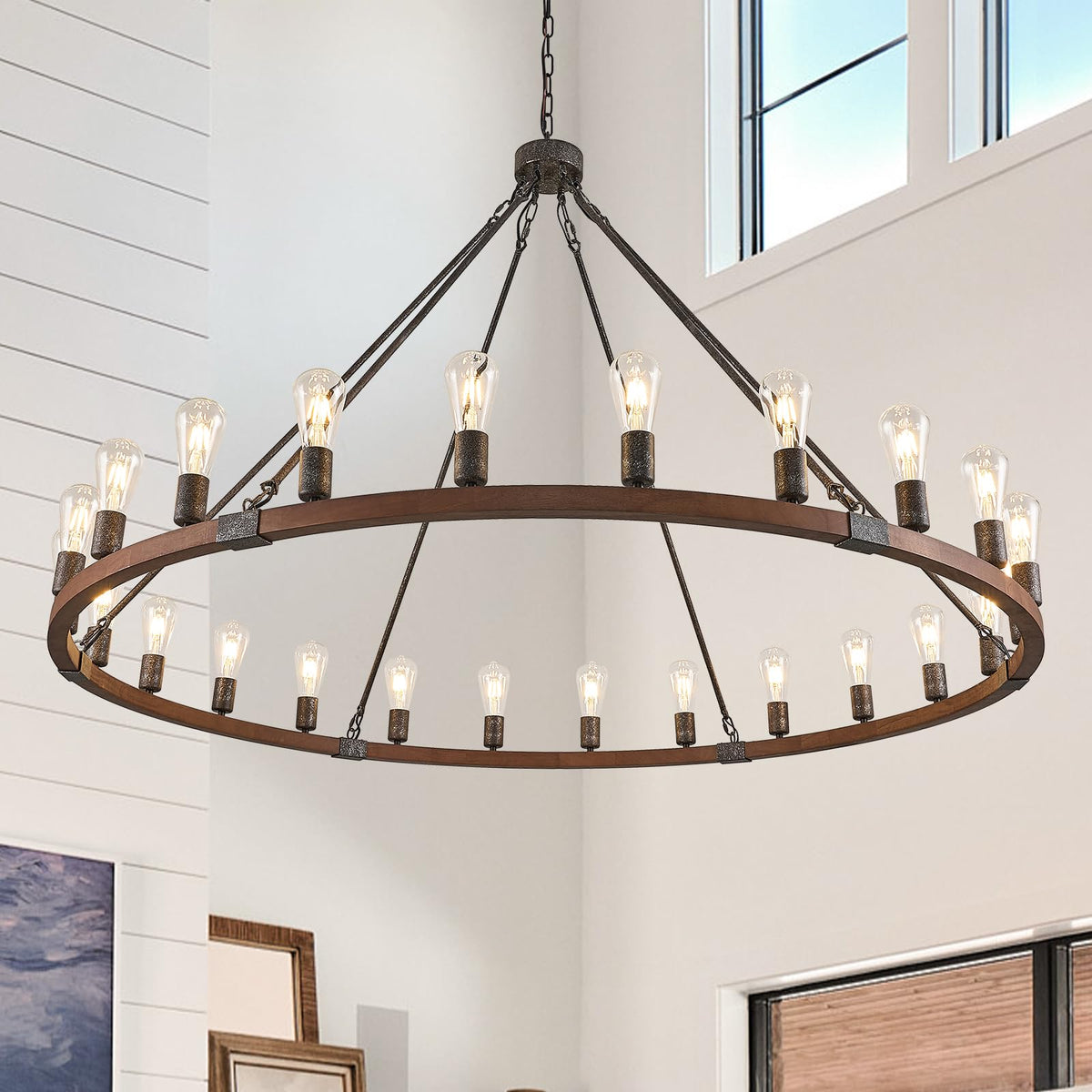 Farmhouse Wagon Wheel Chandelier 59" Black Rustic Light Fixtures 24 (Walnut / 24-Light 59 inch)