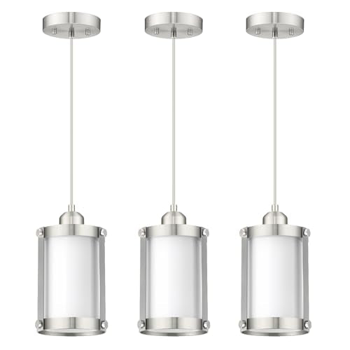 Brushed Nickel Pendant Lights Kitchen Islands (Nickel + Milk Glass / 1-Light Pendant, 3 Pack)
