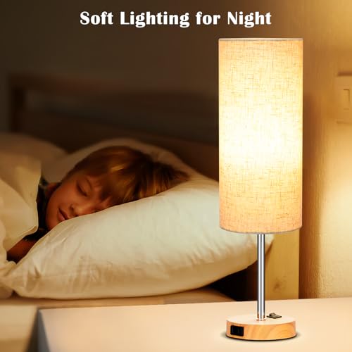 Table Lamp for Bedroom 2 Pack (Flaxen Fabric Shade Woodgrain Base / 18inch)