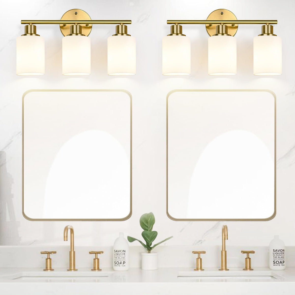 3 Light Bathroom Light Fixtures (Brushed Gold & Milky White Glass / 3-light)