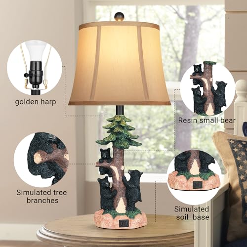 Rustic Farmhouse Climbing Bear Table Lamps Set of 2 for Living Room with USB A+C (Farmhouse)