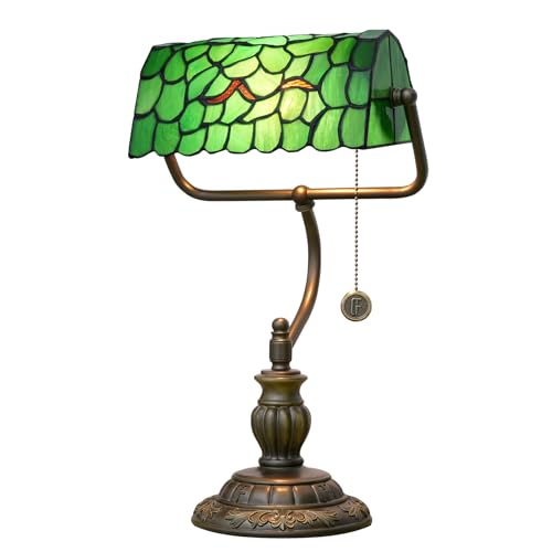 Tiffany Style Green Bankers Desk Lamp Stained Glass Lamps Tree Leaf Vintage Bedroom Bedside Study Pull Chain Reading Desk Light Retro Office Led Adjustable Nightstand Antique Accent Deskla (Green Leaves)