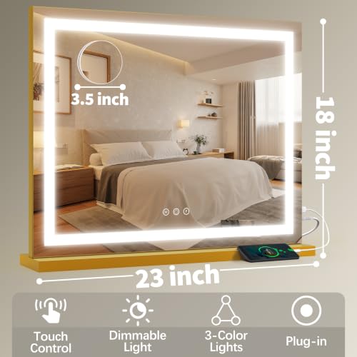 23" x 18" Vanity Mirror with Lights (Gold / 23"L x 18"W)