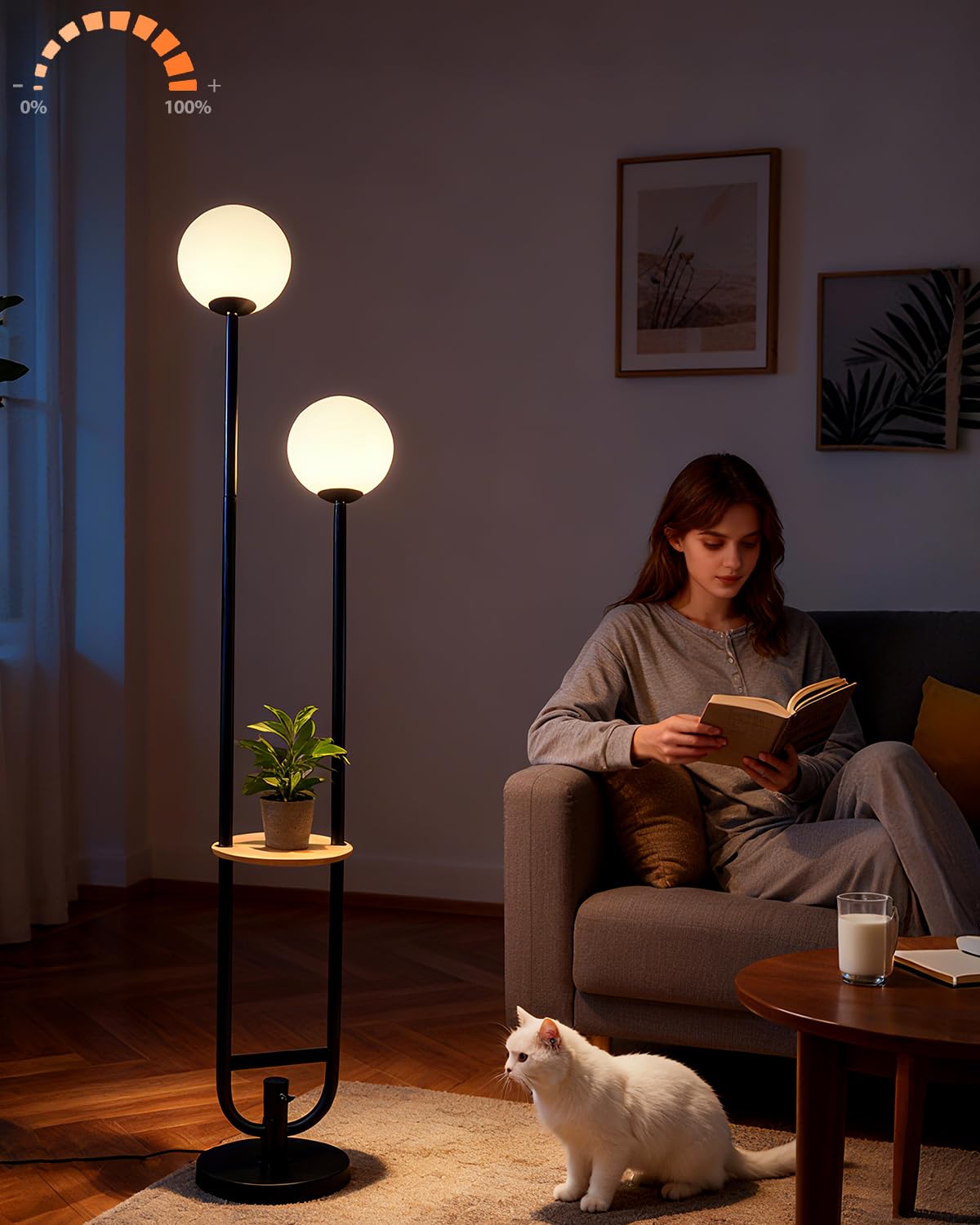 63IN 2 Globe Floor Lamp Dimmable Tall Standing Lamps with Table 3000K Warm White Unique Vintage Modern Mid Century Floor Lamp with 5Lbs Heavy Base for Living Room (Black-2U)